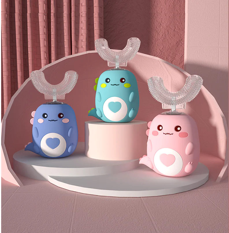 Cute dinosaur-shaped electric toothbrush for kids with U-shaped silicone bristles, designed for fun and gentle dental cleaning